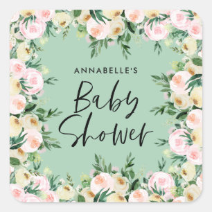 Baby shower waterverf groen girly florly script vierkante sticker