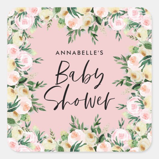 Baby shower waterverf groen girly florly script vierkante sticker (Voorkant)
