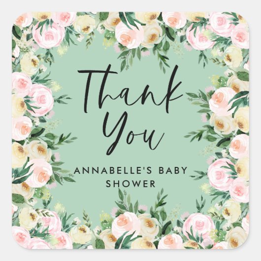 Baby shower waterverf groene roze florale dank vierkante sticker (Voorkant)