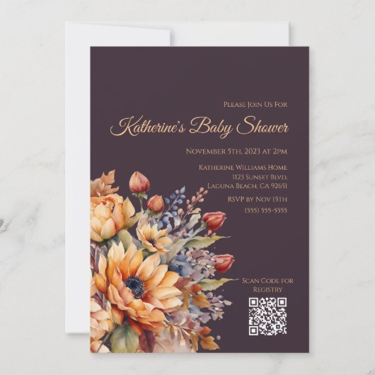 Baby shower-Waterverf Herfst Bloemen-Paarse Kaart (Voorkant)