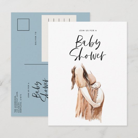 Baby shower waterverf illustratie eenvoudig script uitnodiging briefkaart (Voorkant / Achterkant)