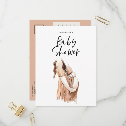 Baby shower waterverf illustratie eenvoudig script uitnodiging briefkaart (Voorkant / Achterkant in situ)