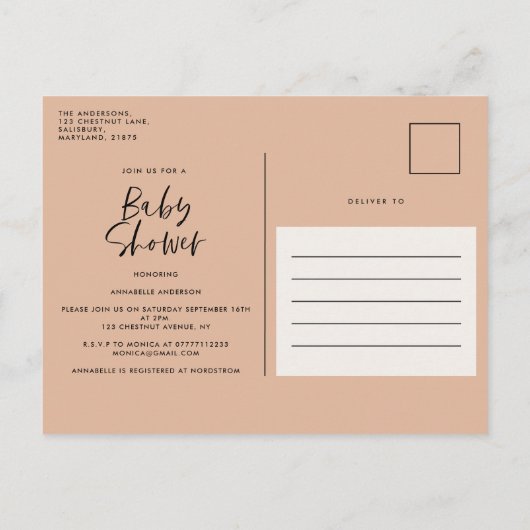 Baby shower waterverf illustratie eenvoudig script uitnodiging briefkaart (Achterkant)