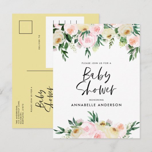 Baby shower waterverf lemon girly script uitnodiging briefkaart (Voorkant / Achterkant)