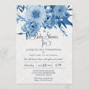 baby shower Waterverf Navy Blue in White Floral Kaart