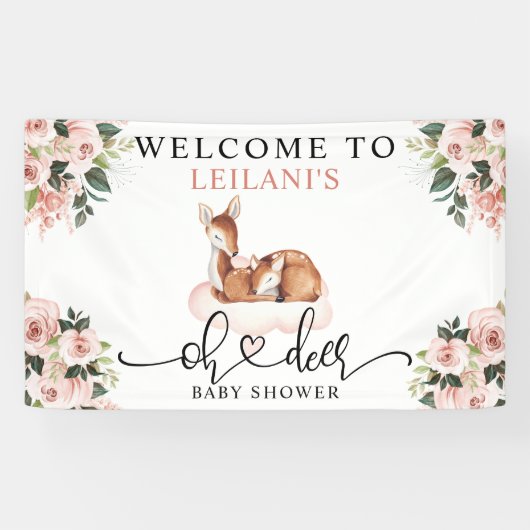 Baby shower Waterverf Oh Deer Pink Floral Welkom Spandoek (Horizontaal)