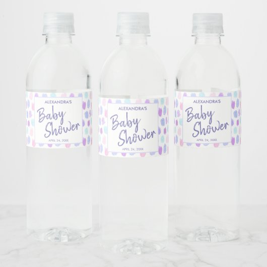 Baby shower Waterverf Patroon Paarse Script Waterfles Etiket (Flessen)