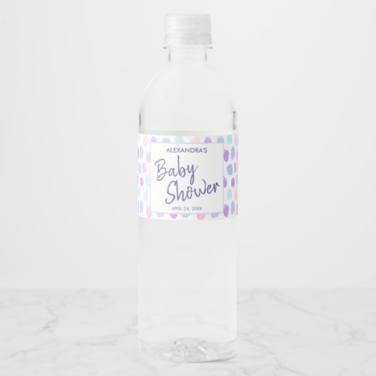 Baby shower Waterverf Patroon Paarse Script Waterfles Etiket (Voorkant)