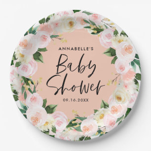 Baby shower waterverf peach girly florly script papieren bordje