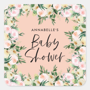 Baby shower waterverf peach girly florly script vierkante sticker