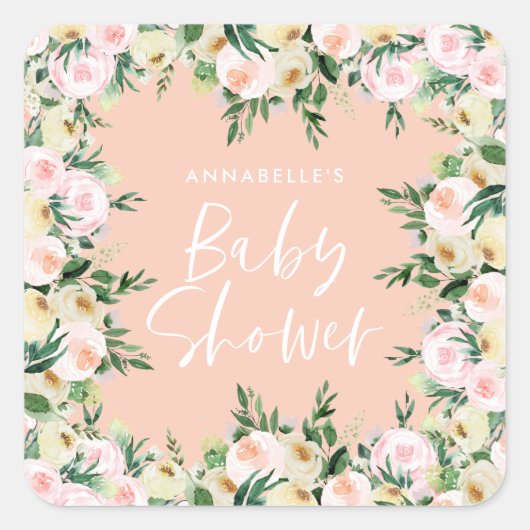 Baby shower waterverf peach girly florly script vierkante sticker (Voorkant)