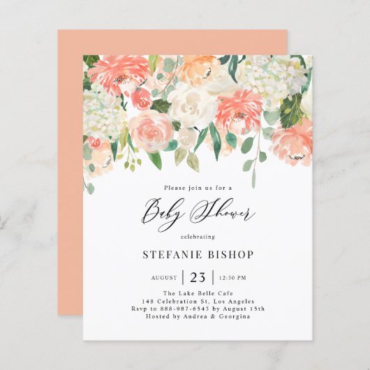 Baby shower waterverf Perzikbloem en Ivory Flowers (Voorkant / Achterkant)