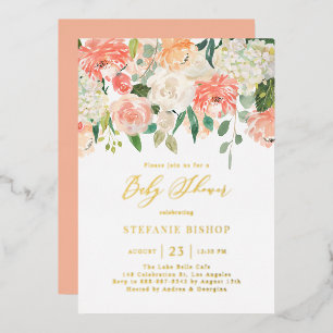 Baby shower waterverf Perzikbloem en Ivory Flowers Folie Uitnodiging