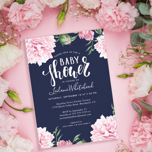Baby shower Waterverf Pink Peony Floral Navy Kaart