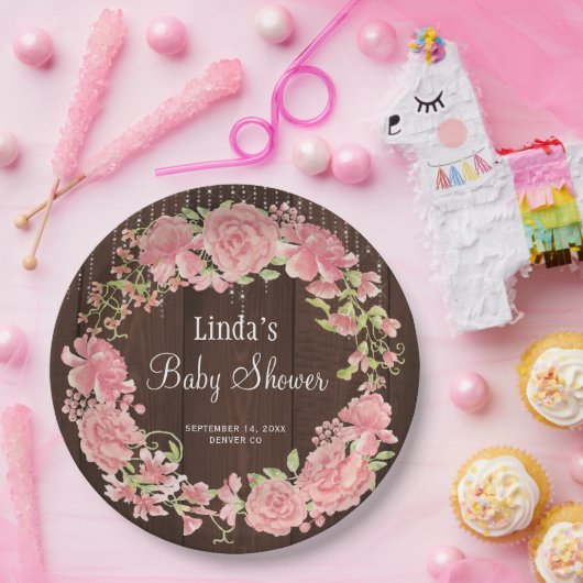 Baby shower waterverf roze bloemhout papieren bordje (Feest)