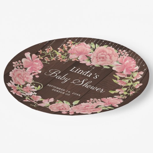 Baby shower waterverf roze bloemhout papieren bordje (Gekanteld)