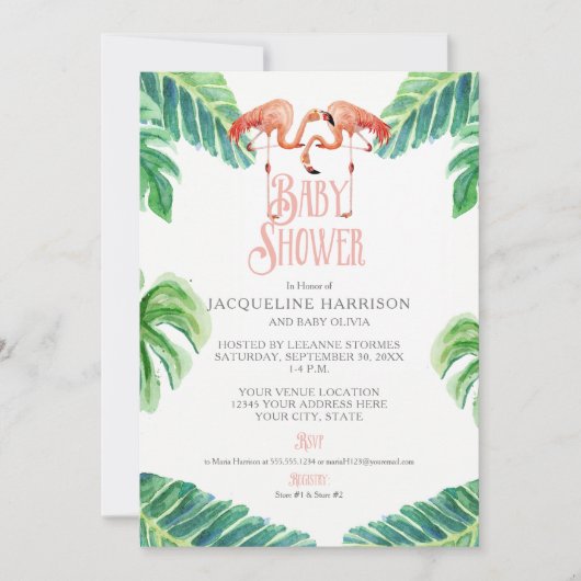 baby shower Waterverf Roze Flamingo Leaf Stripe Kaart (Voorkant)