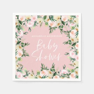 Baby shower waterverf roze floregroen servet