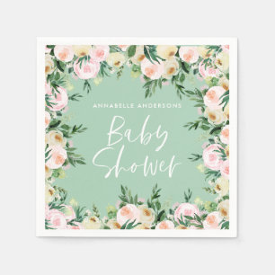 Baby shower waterverf roze floregroen servet