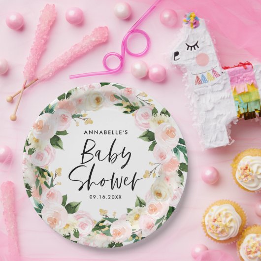 Baby shower waterverf roze girale vorm papieren bordje (Feest)