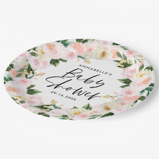 Baby shower waterverf roze girale vorm papieren bordje (Gekanteld)