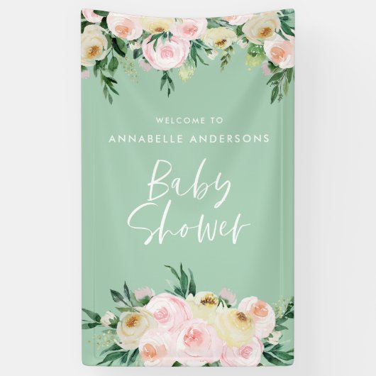 Baby shower waterverf roze roze floranje schrift spandoek (Verticaal)