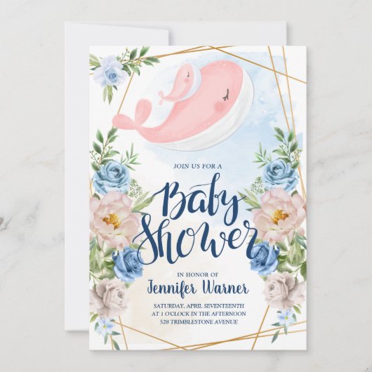 Baby Shower | Waterverf Roze walvisuitnodiging Kaart (Voorkant)