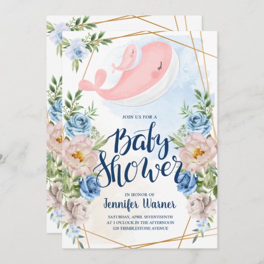 Baby Shower | Waterverf Roze walvisuitnodiging Kaart (Voorkant / Achterkant)
