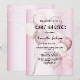Baby Shower Waterverf Roze Witte Ballonnen Feest Kaart