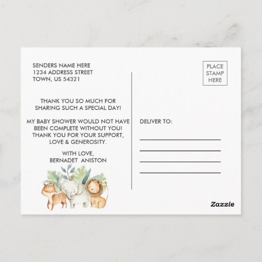 Baby Shower Waterverf Safari Dieren Bedankt Briefkaart (Achterkant)