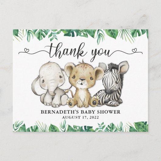 Baby shower Waterverf Safari Dieren Hartelijk dank Briefkaart (Voorkant)