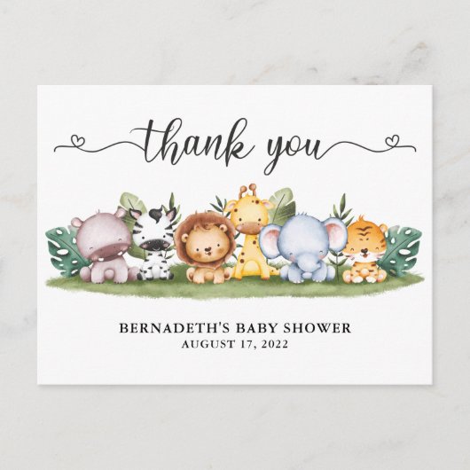 Baby shower Waterverf Safari Dieren Hartelijk dank Briefkaart (Voorkant)