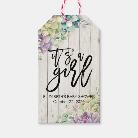 Baby shower Waterverf Succulente Planten Wit hout Cadeaulabel (Voorkant)