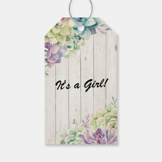 Baby shower Waterverf Succulente Planten Wit hout Cadeaulabel (Achterkant)