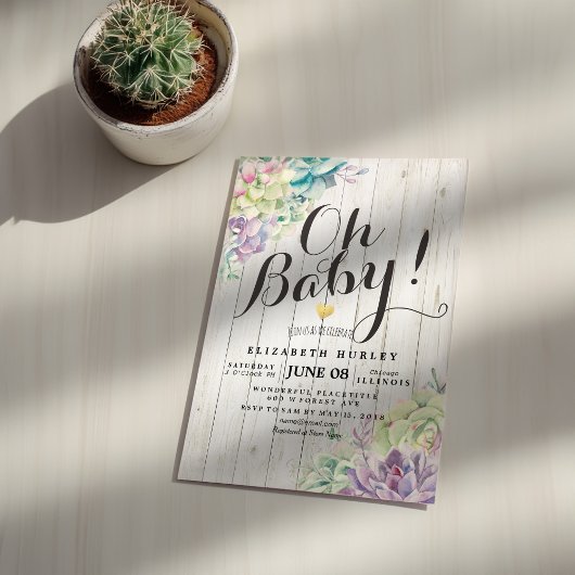 Baby shower Waterverf Succulente Planten Wit hout Kaart