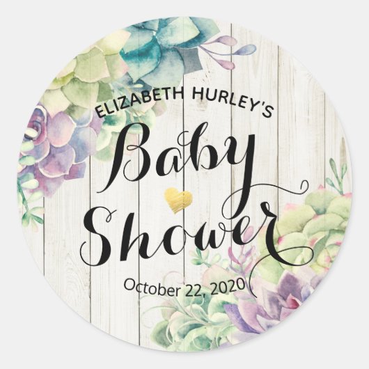 Baby shower Waterverf Succulente Planten Wit hout Ronde Sticker (Voorkant)