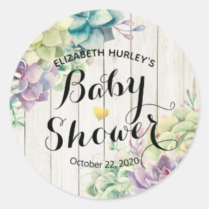 Baby shower Waterverf Succulente Planten Wit hout Ronde Sticker