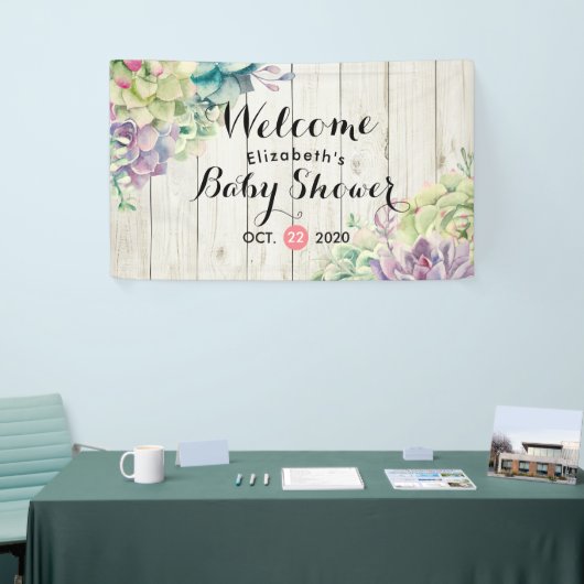Baby shower Waterverf Succulente Planten Wit hout Spandoek (Beurs)