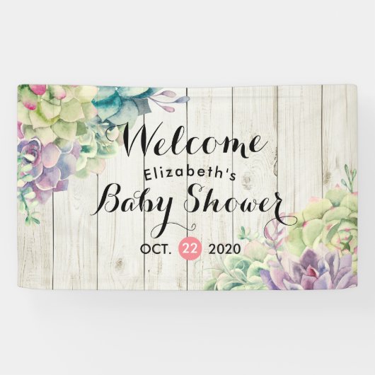 Baby shower Waterverf Succulente Planten Wit hout Spandoek (Horizontaal)