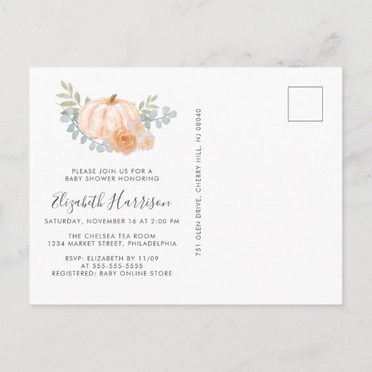 Baby shower Waterverf van zoete pompoen Uitnodiging Briefkaart (Achterkant)