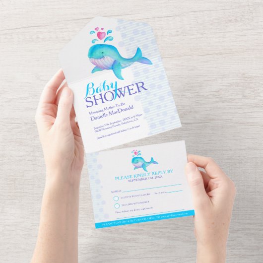 Baby shower waterverf Whale Blue Aqua All In One Uitnodiging (Afscheurbaar)