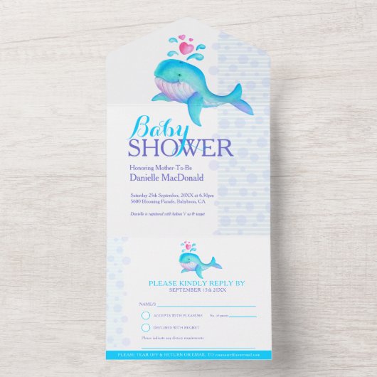 Baby shower waterverf Whale Blue Aqua All In One Uitnodiging (Binnen)