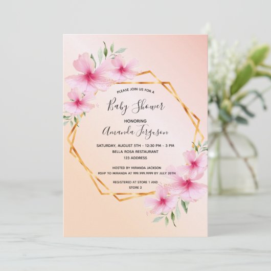 Baby shower wazig roze floraalgoud geometrisch kaart (Staand voorkant)