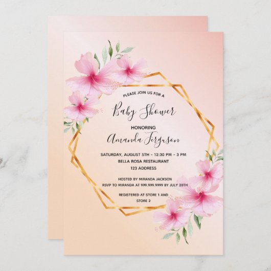 Baby shower wazig roze floraalgoud geometrisch kaart (Voorkant / Achterkant)