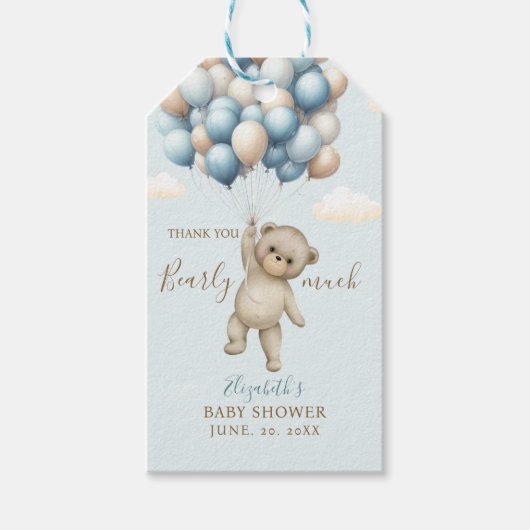 Baby Shower – “We Can Bearly Wait” Bear with ballo Cadeaulabel (Voorkant)
