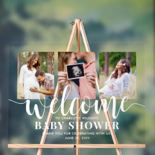 Baby Shower Welkom 3 Foto Collage Moderne Letterty Acryl Bord