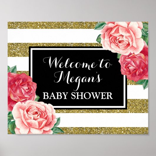 Baby shower Welkom Black Gold Pink Floral Poster (Voorkant)