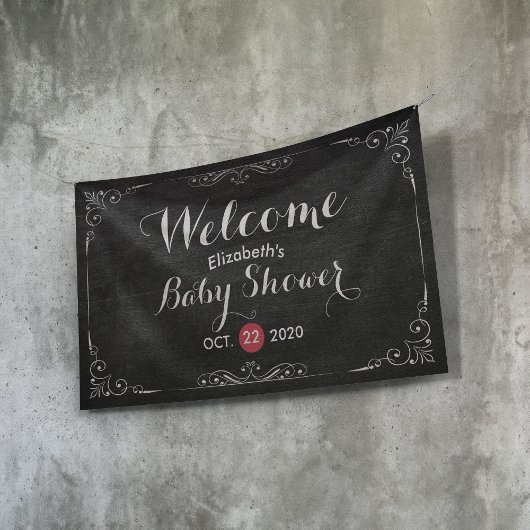 Baby shower Welkom Black White Flowers Chalkboard Spandoek