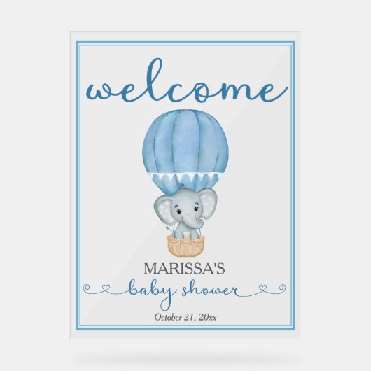 Baby shower Welkom Blauwe Olifant Acryl Bord (Voorkant)