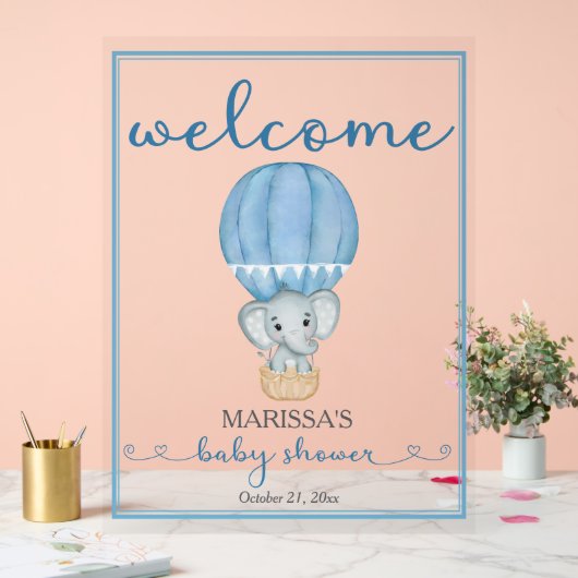 Baby shower Welkom Blauwe Olifant Acryl Bord (Huwelijk)